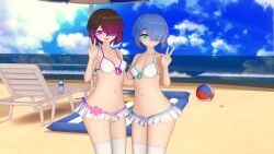 amber_lightvale beach beach_ball beach_umbrella bete_noire blue_hair bra breasts brown_hair closed_mouth_smile cloud female female_focus glitchtale green_eyes hair_covering_eye koikatsu open_mouth_smile pink_eyes pink_hair sea short_hair skirt sky small_skirt smiling thighhighs water white_bra white_skirt white_thighhighs