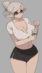 1girls big_breasts booty_shorts breasts curvy female female_only inkling light-skinned_female light_skin marie_(splatoon) midriff nintendo no_bra open_shirt short_hair short_shorts shorts solo splatoon splatoon_(series) tentacle_hair thick_thighs white_hair wide_hips yuta_agc