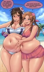 2girls aerith_gainsborough bbw beach belly big_belly big_breasts chubby embarrassed fat fat_belly fat_woman final_fantasy final_fantasy_vii kipteitei overweight tifa_lockhart touching_belly weight_gain