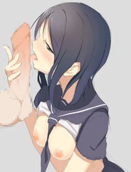 black_hair breasts censored disembodied_penis female handjob highres hinamaru_oshigotobashuuchuu licking ninja_slayer penis short_hair tongue tongue_out yamoto_koki