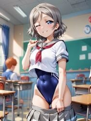 ai_generated blue_eyes blush brown_hair cameltoe female love_live! love_live!_school_idol_project love_live!_sunshine!! medium_breasts school_uniform serafuku short_hair watanabe_you wavy_hair