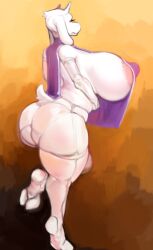 absurd_res anthro areola armwear big_breasts biped boss_monster_(undertale) breasts clothing female goat_mom hi_res horn huge_breasts legwear nipple_outline on_one_leg rune4 solo standing thigh_highs toriel undertale_(series) white_armwear white_body white_clothing white_legwear white_thigh_highs