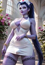 1futa ai_generated amelie_lacroix big_breasts breasts bulge futa_only futanari long_hair nurse nurse_dress overwatch overwatch_2 oxtonai purple_hair purple_skin widowmaker