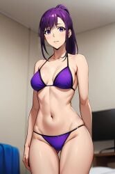 ai_generated asian asian_female bare_legs bikini curvaceous curvy_female light-skinned_female light_skin looking_at_viewer medium_breasts panties ponytail purple_eyes purple_hair solo_female solo_leveling sung_jin-ah thick_thighs thighs voluptuous voluptuous_female yukinoart