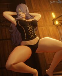 1girls 3d alternate_costume armpits arms_behind_head ass_visible_through_thighs bare_arms bare_legs bare_midriff barefoot biting_lip black_panties bodice breasts camilla_(fire_emblem) canlde cleavage come_hither commission dochaunt24 female female_only fire fire_emblem fire_emblem_fates fire_emblem_warriors from_below grin hair_over_one_eye horny horny_female indoors inviting inviting_to_sex large_breasts legs long_hair midriff naughty_face nintendo offering official_alternate_costume panties pink_eyes pose presenting purple_hair seductive smile solo squatting story_at_source tiptoes underwear very_long_hair