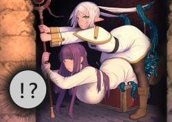 2girls chest clothed clothed_female elf elf_ears elf_female female_only fern_(sousou_no_frieren) frieren frieren_stuck_in_a_mimic_(meme) green_eyes imminent_rape imminent_sex jsz long_hair mimic multiple_girls purple_eyes purple_hair sousou_no_frieren staff stuck sweat sweatdrop tentacle tentacles treasure_chest twintails