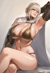 ai_generated armor armored_gloves armpits arms_up big_breasts bikini blonde_hair bra closed_eyes crossed_legs curvy elden_ring female_knight female_only fromsoftware hair_bun hips hypet large_breasts larger_female light-skinned_female light_skin muscular_female needle_knight_leda seductive seductive_pose solo_female sweat sweatdrop white_robe