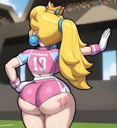 1girls ass big_ass big_breasts big_butt blonde_hair breasts bubble_ass bubble_butt clothing dat_ass fat_ass fat_butt female female_only huge_ass huge_breasts huge_butt jersey large_ass large_butt mario_(series) mario_strikers mario_strikers_peach_back_view_redraw_(meme) pink_shorts png princess_peach rear_view shorts solo sportswear thick_ass thick_thighs wallyroo wide_hips