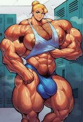 abs ai_generated ambush_(trap) armpit_hair bulge chest_hair extreme_muscles genderswap_(ftm) hairy_armpits hairy_arms hairy_chest male male_only muscular rule_63 sewoh solo