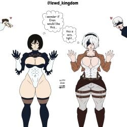 2boys 2d 2d_(artwork) 2girls abs attack_on_titan awooga big_breasts cleavage clothed color eren_jaeger lewd_kingdom mikasa_ackerman mikasa_ackerman_(cosplay) muscular_female nier:_automata outfit_swap thick_thighs tight_clothes yorha_2b yorha_2b_(cosplay) yorha_9s