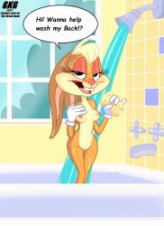 breasts clothing female genitals gkg gloves handwear hi_res lagomorph leporid lola_bunny looking_at_viewer looney_tunes mammal nipples open_mouth pussy rabbit shower solo standing the_looney_tunes_show warner_brothers water white_clothing white_gloves white_handwear