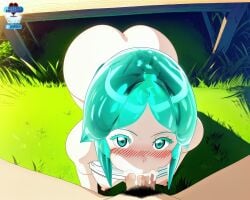 blowjob butt_view cum cum_in_mouth cum_inside green_eyes green_hair houseki_no_kuni land_of_the_lustrous phosphophyllite pubic_hair shy sucking sucking_penis swallowing swallowing_cum