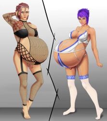 2futas balls belly big_belly big_breasts blue_hair breasts clothed clothing fish flaccid futa_only futanari garter_straps huge_belly human light-skinned_futanari light_skin lurrak masturbation mostly_nude penis pink_hair pregnant pregnant_futa ready_to_pop source_request