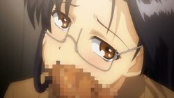 animated animated black_hair blush brown_eyes censored cheek_bulge fellatio glasses hitoriga long_hair oral shirakawa_sumire