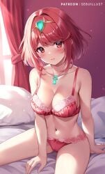 2023 ai_generated blush breasts core_crystal lingerie pointy_chin pyra red_bra red_eyes red_hair red_panties sebu_illust tagme xenoblade_(series) xenoblade_chronicles_2