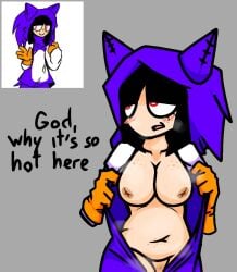 1girls big_breasts black_hair blush blush breasts costume female female_only gloves long_black_hair long_hair looking_away needlemouse_(character) needlemouse_(series) nipples orange_gloves red_sclera sarah_henderson_(needlemouse) smile smiling