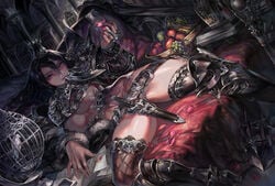 aoin armor belt black_hair boots breasts crown cup earrings female fruits knife large_breasts long_hair looking_at_viewer purple_eyes ring sitting solo thighs underboob weapon wine