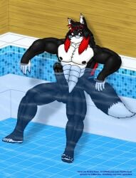 arms_spread beans biceps big_penis big_tail black_and_red_hair black_penis feet fever_(firefox-fever) furry furry_only looking_at_viewer muscular muscular_legs muscular_male naked naked_in_public nudity penis penis_out public public_nudity red_eyes sitting_in_pool solo_male triceps vjmorales wooden_wall