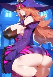 ai_generated ass ass_focus black_sclera blazblue creamy_ai curvy dat_ass fat_ass huge_ass huge_breasts konoe_a_mercury long_hair pink_hair thick_thighs wide_hips witch witch_hat yellow_eyes