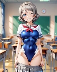 ai_generated blue_eyes blush brown_hair female love_live! love_live!_school_idol_project love_live!_sunshine!! medium_breasts school_uniform serafuku short_hair watanabe_you wavy_hair