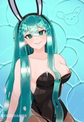 1girls 2024 blue_hair bunnysuit dexdreamer fake_animal_ears fake_rabbit_ears female female_only green_eyes light-skinned_female light_skin liquid_hair long_hair mythoshq nipple_slip poseidon_(vtuber) sitting smile smiling smiling_at_viewer thick_thighs