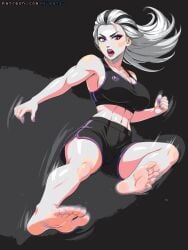 ai_generated barefoot combat dithering feet fight foot_fetish gigatsu mortal_kombat mortal_kombat_1_(2023) multicolored_hair sindel sole_female soles sportswear toes