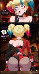 1girls 2024 ass ass_focus back back_view bare_shoulders big_ass big_butt blonde_hair blue_eyes butt clothed clothing color dc dc_comics dialogue english_dialogue english_text felox08 female female_focus female_only harley_quinn harley_quinn_(suicide_squad_isekai) hi_res light-skinned_female light_skin short_hair solo solo_female suicide_squad_isekai tagme text text_bubble thick_thighs