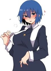 aroused aroused_face aroused_smile big_breasts blue_eyes blue_hair blush boobs breasts ciel_(tsukihime) curvy curvy_figure female female_focus flaunting hand_on_belly horny horny_female huge_breasts inviting inviting_to_sex large_breasts lifting_clothing lifting_shirt looking_at_viewer maz_515 melty_blood short_hair showing_off stripping sweatdrop sweaty teasing tsukihime tsukihime_(remake) wide_hips