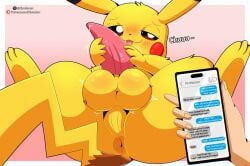 ambiguous_gender ambiguous_human anus balls big_balls border cloudeon duo electronics english_text feral fur generation_1_pokemon genitals hi_res human male male_feral mammal masturbation nintendo outside_border penile penile_masturbation penis perineum phone pikachu pokemon pokemon_(species) simple_background spread_legs spreading tapering_penis text text_message tongue tongue_out yellow_body yellow_fur