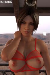 1girls 3d big_breasts biting_lip brown_hair dead_or_alive impish3d king_of_fighters lingerie looking_at_viewer mai_shiranui nipples solo