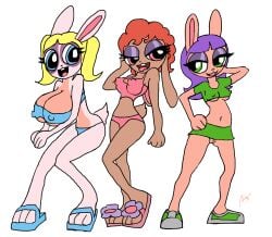 2017 anthro big_breasts bottomwear bra breasts cartoon_network cinnamon_(flufdustbunny) clothing crop_top female flufdustbunny footwear genitals group lagomorph leporid mammal miniskirt navel nipple_outline panties powerpuff_girls pussy rabbit red_(flufdustbunny) sandals seductive shirt shoes skirt smile star_(flufdustbunny) tagme tail topwear trio underwear