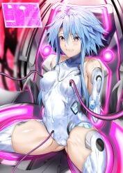 bare_shoulders blanc blue_hair bodysuit bondage breast_injection female female_focus goddess highres ill_(0022) injection insertion light_skin machine neptunia_(series) nipple_insertion petite red_eyes restrained short_hair small_breasts solo spread_legs teeth thighhighs white_heart_(neptunia)