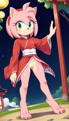 1girls 2024 ai_generated amy_rose anthro bottomless bottomless_female digitigrade female female_only green_eyes hi_res innie_pussy kimono looking_at_viewer looking_back_at_viewer looking_down low-angle_view night outdoors pink_body pink_fur pussy red_clothing red_kimono red_nail_polish sega smile sonic_(series) sonic_the_hedgehog_(series)