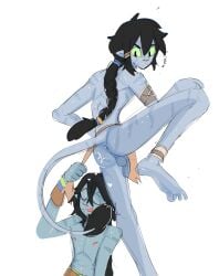 4_toes alien alien_humanoid anthro anus ass avatar balls black_hair blue_body blue_skin bottomwear bottomwear_aside braided_hair closed_eyes clothing clothing_aside duo erection feet genitals green_sclera hair hi_res humanoid humanoid_feet humanoid_genitalia humanoid_penis humanoid_pointy_ears loincloth loincloth_aside male male/male na'vi penis plantigrade pointy_ears raised_leg simple_background smile tail tail_tuft toes tongue tongue_out tuft white_background xing1