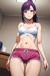 ai_generated asian asian_female athletic_female bare_legs curvaceous curvy_female dolphin_shorts huge_breasts huge_thighs large_breasts light-skinned_female light_skin looking_at_viewer ponytail purple_eyes purple_hair solo_female solo_leveling sung_jin-ah sung_jin_ah tank_top thick_thighs thighs voluptuous voluptuous_female yukinoart