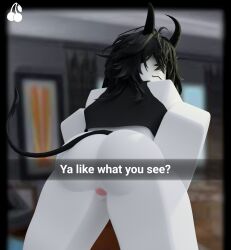 3d barefoot big_ass black_hair blender_(software) blender_cycles cher924 exposed_ass exposed_pussy female hand_on_stomach legs_apart looking_at_viewer posing_for_the_viewer roblox roblox_avatar self_upload tail teasing watermark white_skin