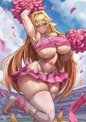 1girls belly_button blonde_hair blush breasts cheerleader cheerleader_uniform clothed clothing female female_only green_eyes huge_breasts indie_virtual_youtuber light-skinned_female light_skin lulu_lasso manob0028 outdoors pom_pom_(cheerleading) public skirt sky smile solo stadium virtual_youtuber