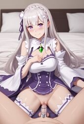 1boy 1girls ai_generated chastity chastity_cage chastity_device dominant_female emilia_(re:zero) female female_domination femdom male malesub no_penetration provocative re:zero_kara_hajimeru_isekai_seikatsu small_penis_humiliation