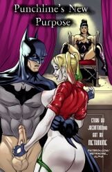 1boy 2girls ass batman batman_(series) big_ass big_breasts bondage breasts chains chair comic_cover cuckold cuckquean dc dc_comics erection female hand_on_penis harley_quinn male metrinomealpha nipples ntr pale_skin penis punchline_(dc) text