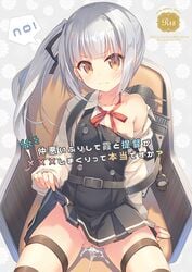 ! 3:< brown_eyes cum cum_in_pussy english female grey_hair jumper kantai_collection kasumi_(kantai_collection) long_hair looking_at_viewer nipple_slip nipples no_panties off_shoulder pleated_skirt ponytail ribbon side_ponytail sitting skirt skirt_lift solo strap_slip takei_ooki thigh_strap thighhighs tied_hair