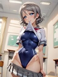 ai_generated blue_eyes blush brown_hair cameltoe female love_live! love_live!_school_idol_project love_live!_sunshine!! medium_breasts school_uniform serafuku short_hair watanabe_you wavy_hair