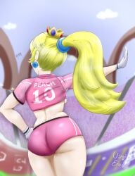 ass mario_(series) mario_strikers_peach_back_view_redraw_(meme) pink_shorts princess_peach soccer soccer_uniform super_mario_bros.