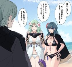 1boy 2girls beach bikini_bottom blue_eyes breasts byleth_(female)_(summer)_(fire_emblem) byleth_(fire_emblem) byleth_(fire_emblem)_(female) byleth_(fire_emblem)_(male) cape cleavage daph_neko female fire_emblem fire_emblem:_three_houses fire_emblem_heroes green_eyes green_hair japanese_text knife large_breasts long_hair male multiple_girls nintendo ocean offering outdoors rhea_(fire_emblem) rhea_(summer)_(fire_emblem) sparkles teal_hair text translation_request