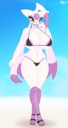 absurd_res anthro anthro_only areola beach big_breasts bikini blush breasts clothing female full-length_portrait gem generation_5_pokemon green_eyes hi_res jewelry lily long_necklace mienshao nintendo nipple_slip pearl_(gem) pearl_necklace pokemon pokemon_(species) portrait purple_areola razplus seaside solo swimwear