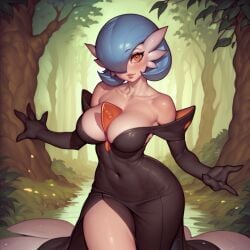 1girls ai_generated black_dress blue_hair dress gardevoir mega_gardevoir mega_shiny_gardevoir nintendo orange_eyes pokemon pokemon_(species) pony_diffusion_xl shiny_gardevoir shiny_pokemon short_hair