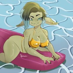 big_breasts black_nails ear_piercing goblin goblin_female golden_bikini leora_(kibix1) nipple_bulge nipple_piercing nipples_visible_through_clothing oc oerba_yun_fang on_water piercings pointy_ears pool_float shortstack summer toospookzy water watersports