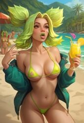 ai_generated drink green_bikini green_coat green_lips green_lipstick league_of_legends lemonade thick_lips zeri_(league_of_legends)