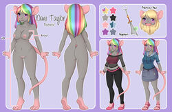 artist_request blonde_hair breasts clothing dani_taylor feet female fishnet fur hair high_heels mammal model_sheet mouse open_mouth original purple_eyes rainbow rodent solo world_of_warcraft