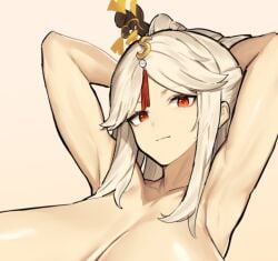 1girls big_breasts breasts female_only genshin_impact huge_breasts light-skinned_female looking_at_viewer melon22 ningguang_(genshin_impact) red_eyes solo tagme white_hair