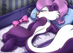 2021 anthro asleep ass back bed blue_pillow blush blushing bowtie butt cute cute_expression deviantart digital_drawing digital_drawing_(artwork) digital_media eyelashes feet fifi_la_fume joakaha pink_bow pink_bowtie purple_body purple_fur purple_hair skunk skunk_girl skunk_tail sleep sleeping striped_body striped_fur striped_tail tiny_toon_adventures warner_brothers zzz